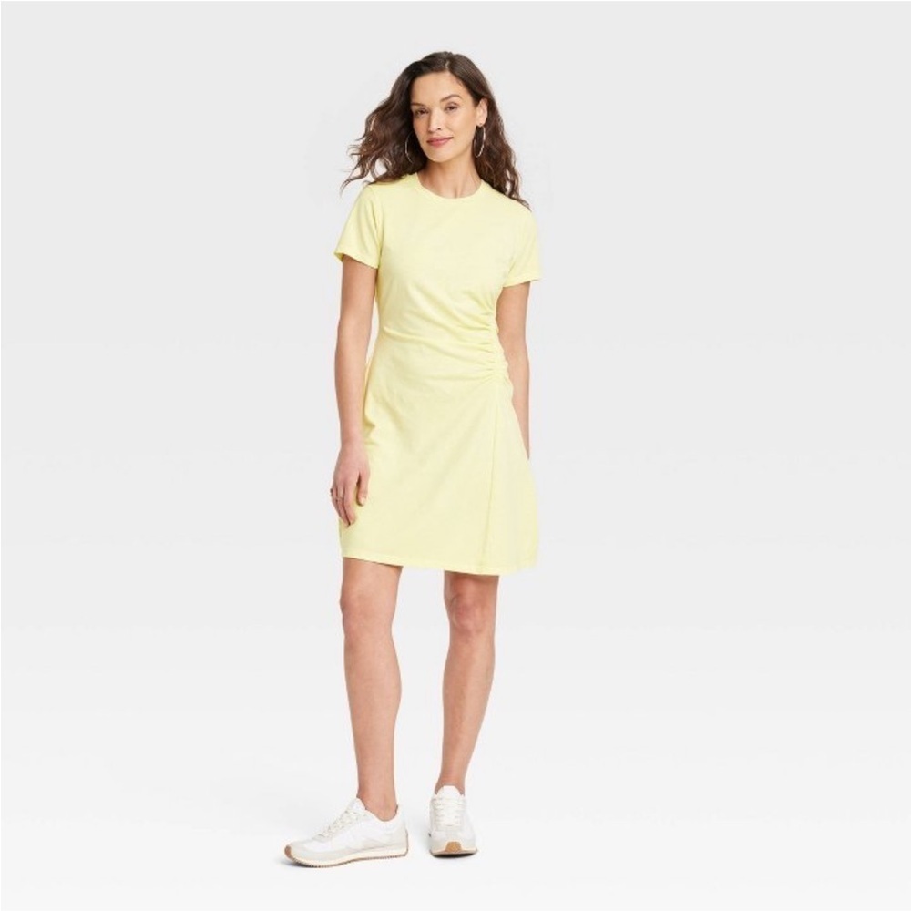 Women's Short Sleeve Ruched Knit Mini T-Shirt Dress - Universal Thread™ Yellow L